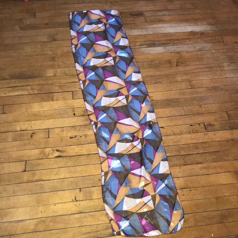 Geometric Printed Scarf in Blue, Purple & Tan 16x48ish